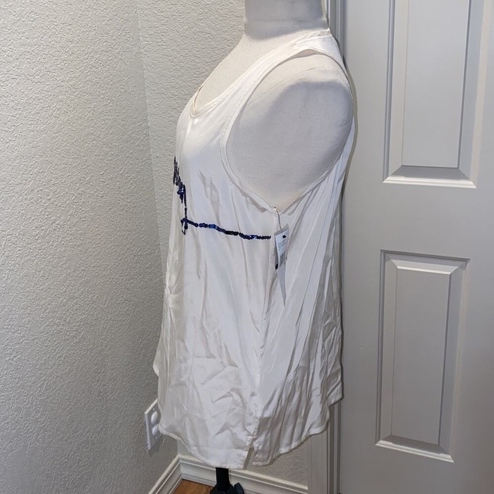 DKNY Cream Silk Racerback Sleeveless Tank w/ Blue “DNKY” Logo Sequined NWT Sz M - Picture 5 of 12